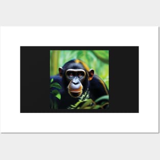 Chimpanzee in a Jungle with golden light catching its fur Posters and Art